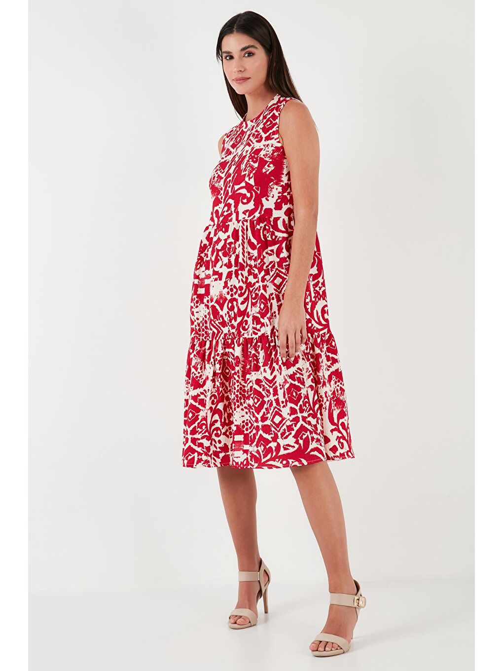 Bordo Desenli Regular Fit Kolsuz Elbise 5865731-1