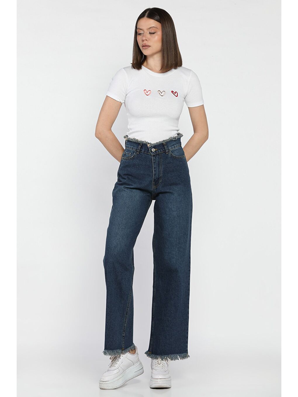 Lacivert Kadın Bel Ve Paça Püsküllü Yüksek Bel Jean Jean Pantolon-1