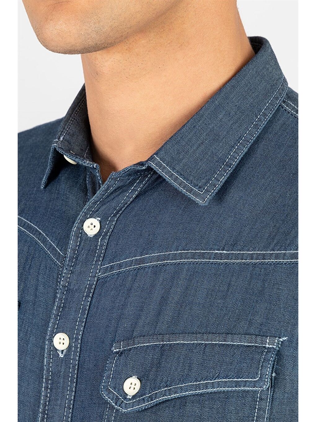 Slim Fit Uzun Kollu Dar Kesim Çift Cep Denim Jean Erkek Mavi Gömlek-2