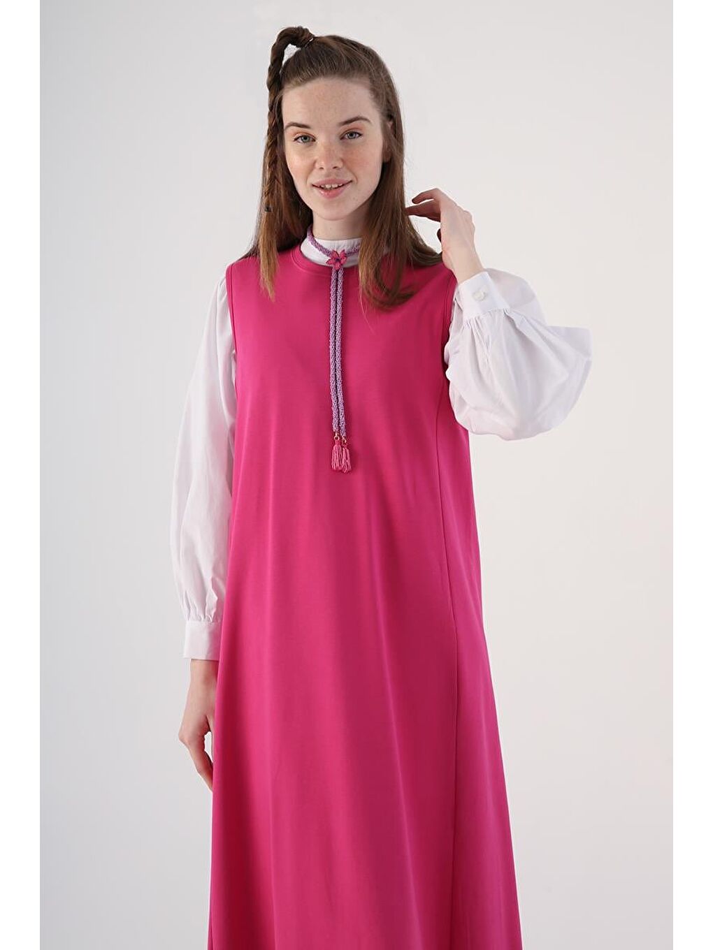 Fuşya-Fermuarlı Kısa Hırkalı Kolsuz Elbiseli Takım-5