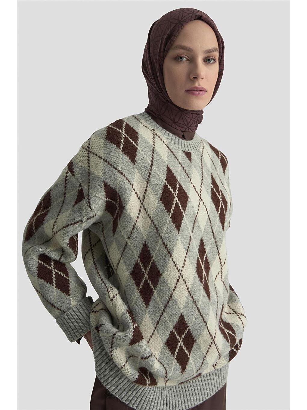 Baklava Desenli Kazak 25Kd6004 Gri