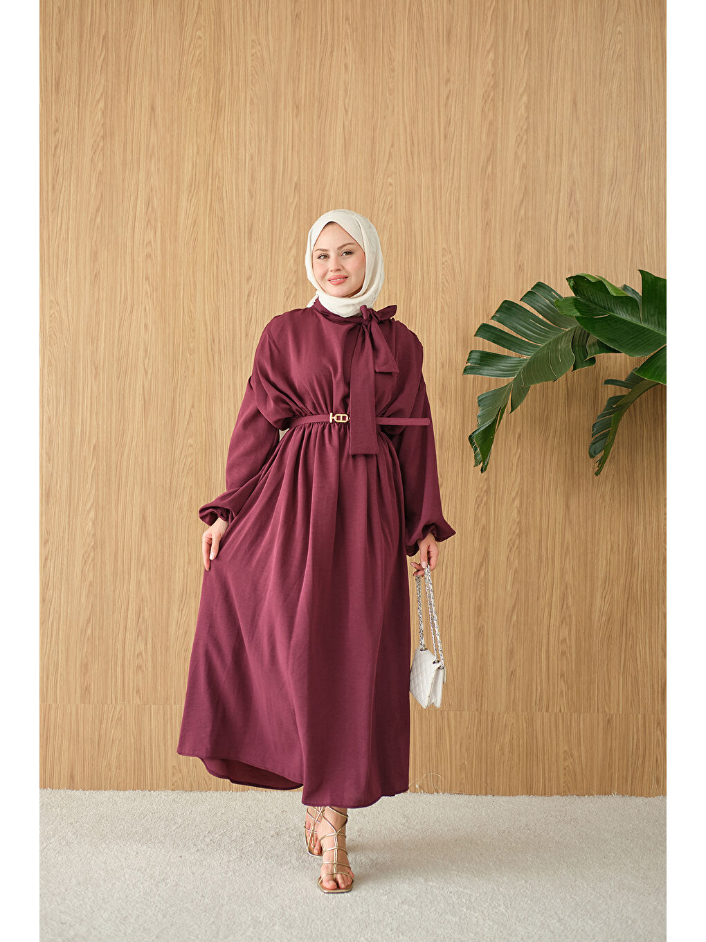 Kadın Boyun Bağlamalı Kemerli Elbise Mürdüm-3