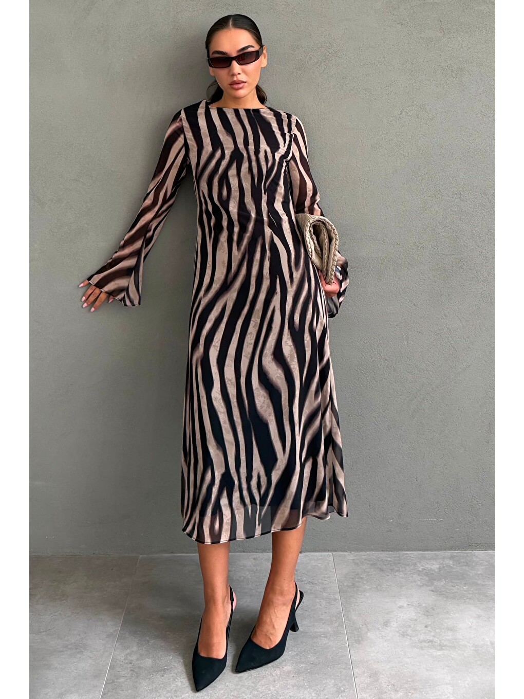 Bej Zebra Desenli Şifon Midi Elbise Mg2854-4