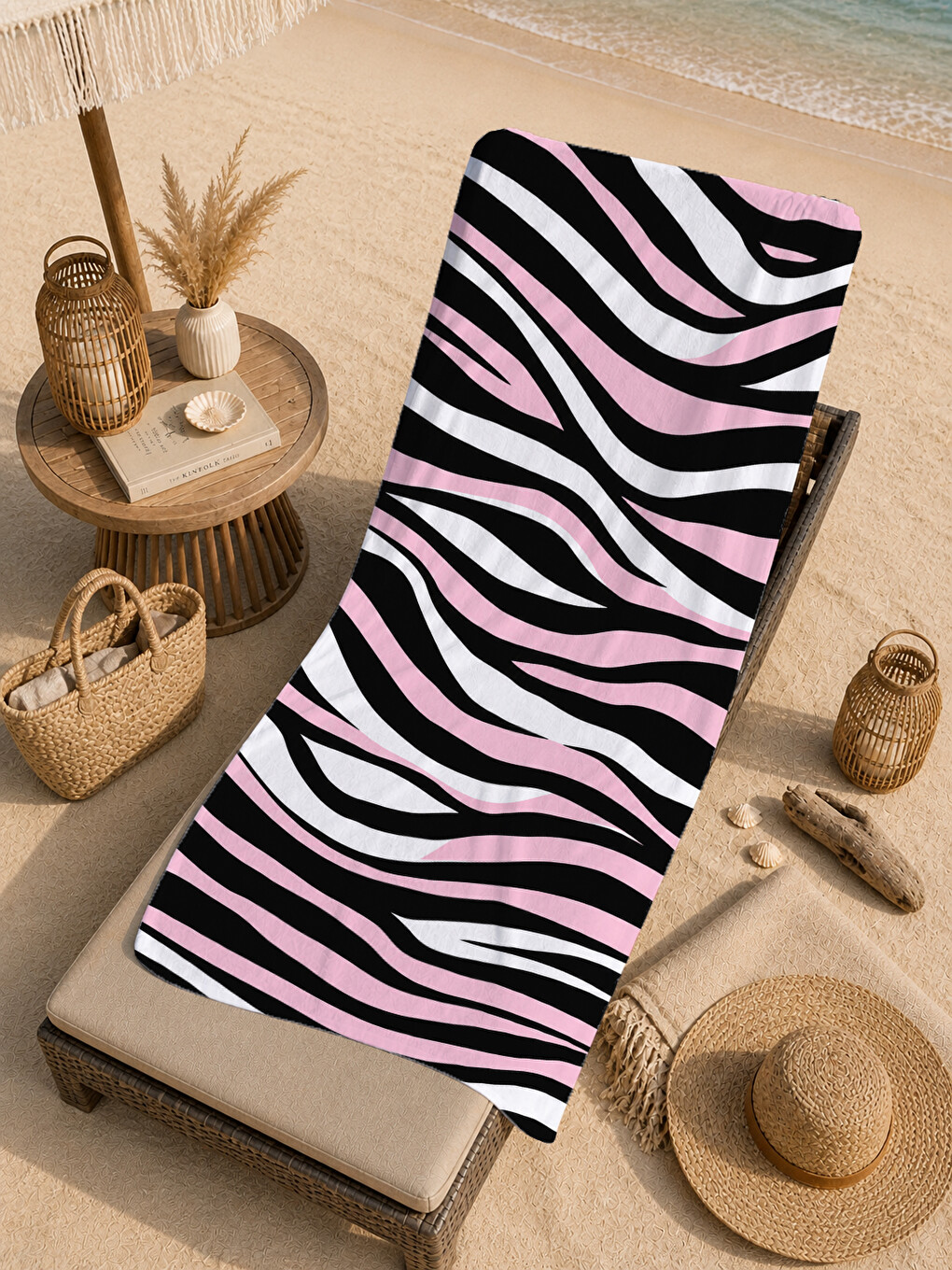 Pop Art Pembe Siyah Zebra Çizgili Desenli 70x150 Plaj Havlusu - Dijital Baskılı Banyo Havlusu-1