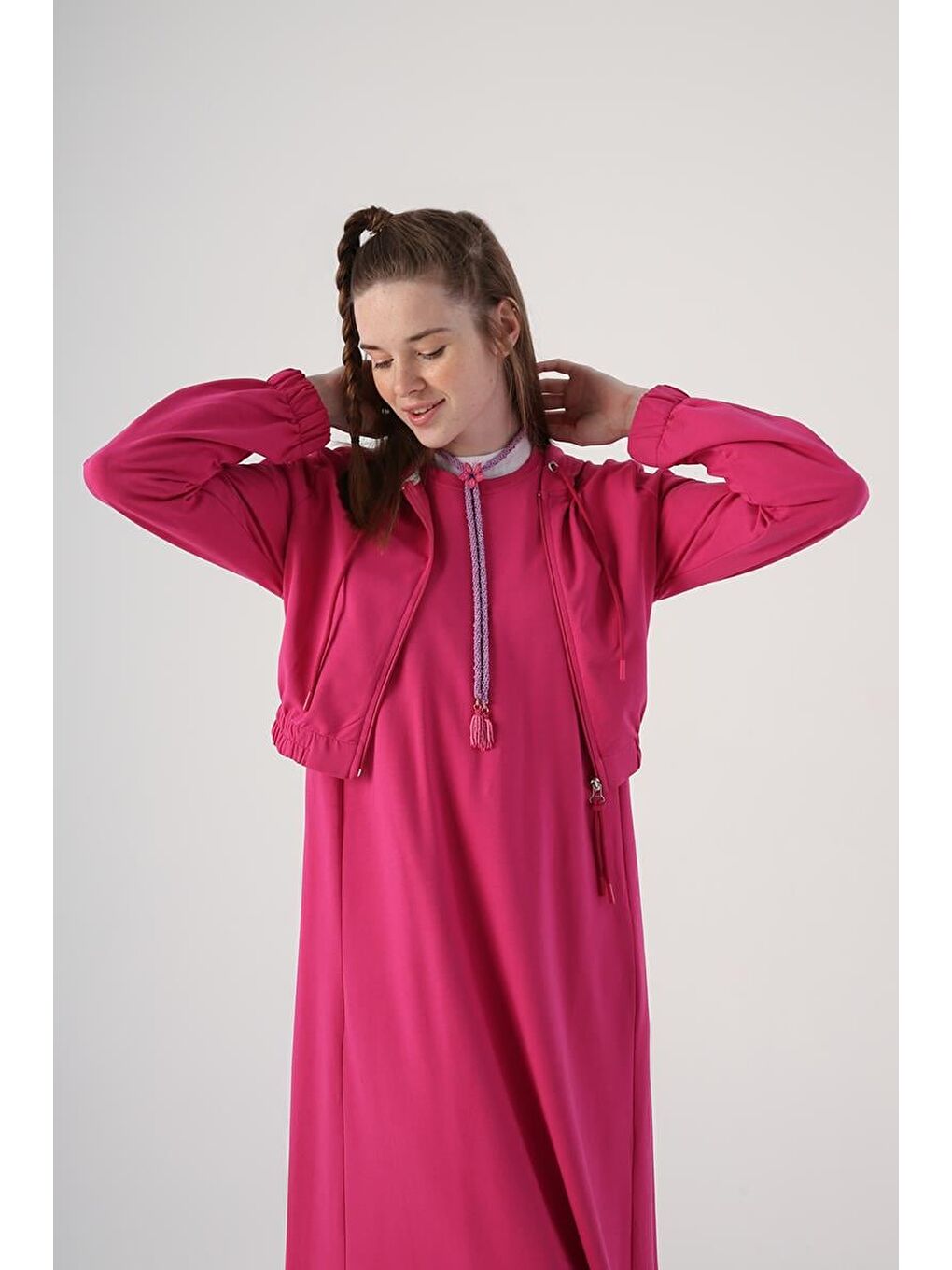 Fuşya-Fermuarlı Kısa Hırkalı Kolsuz Elbiseli Takım-6