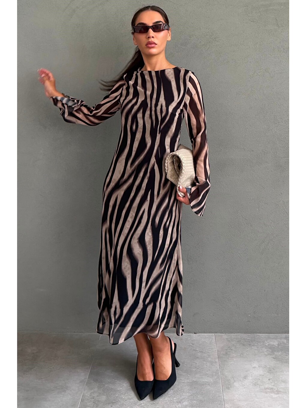 Bej Zebra Desenli Şifon Midi Elbise Mg2854-5