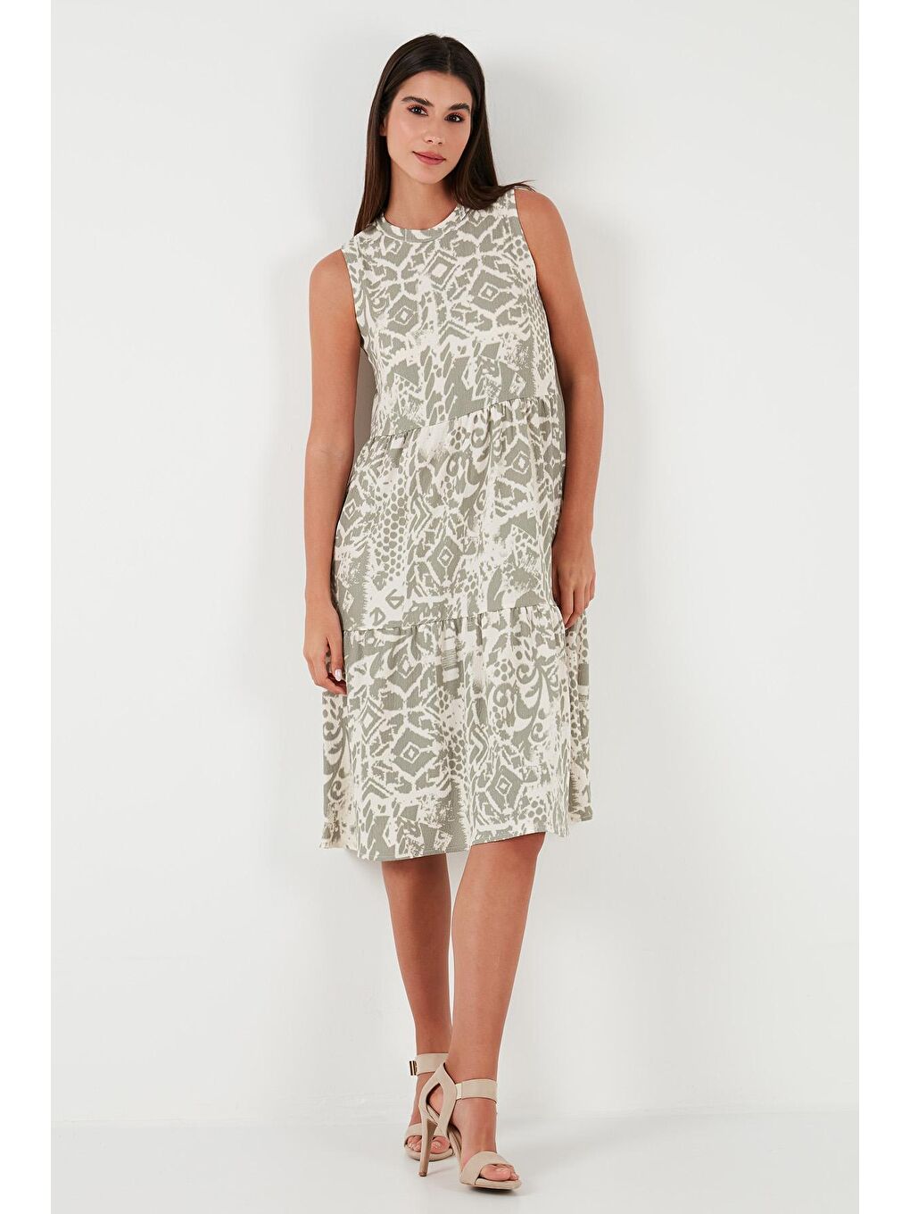 Yeşil Desenli Regular Fit Kolsuz Elbise 5865731-4