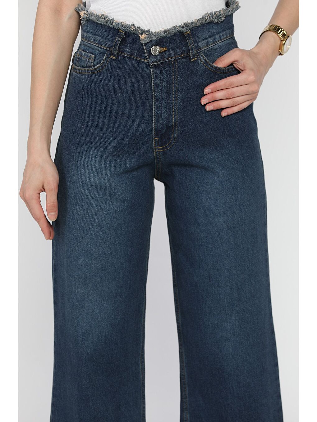 Lacivert Kadın Bel Ve Paça Püsküllü Yüksek Bel Jean Jean Pantolon-3