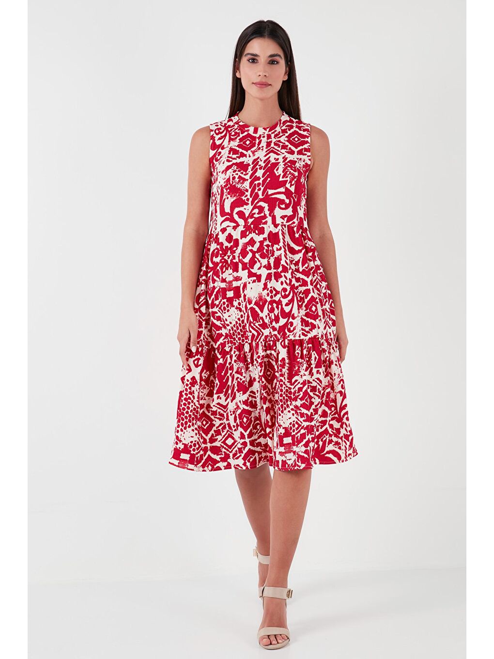 Bordo Desenli Regular Fit Kolsuz Elbise 5865731-2