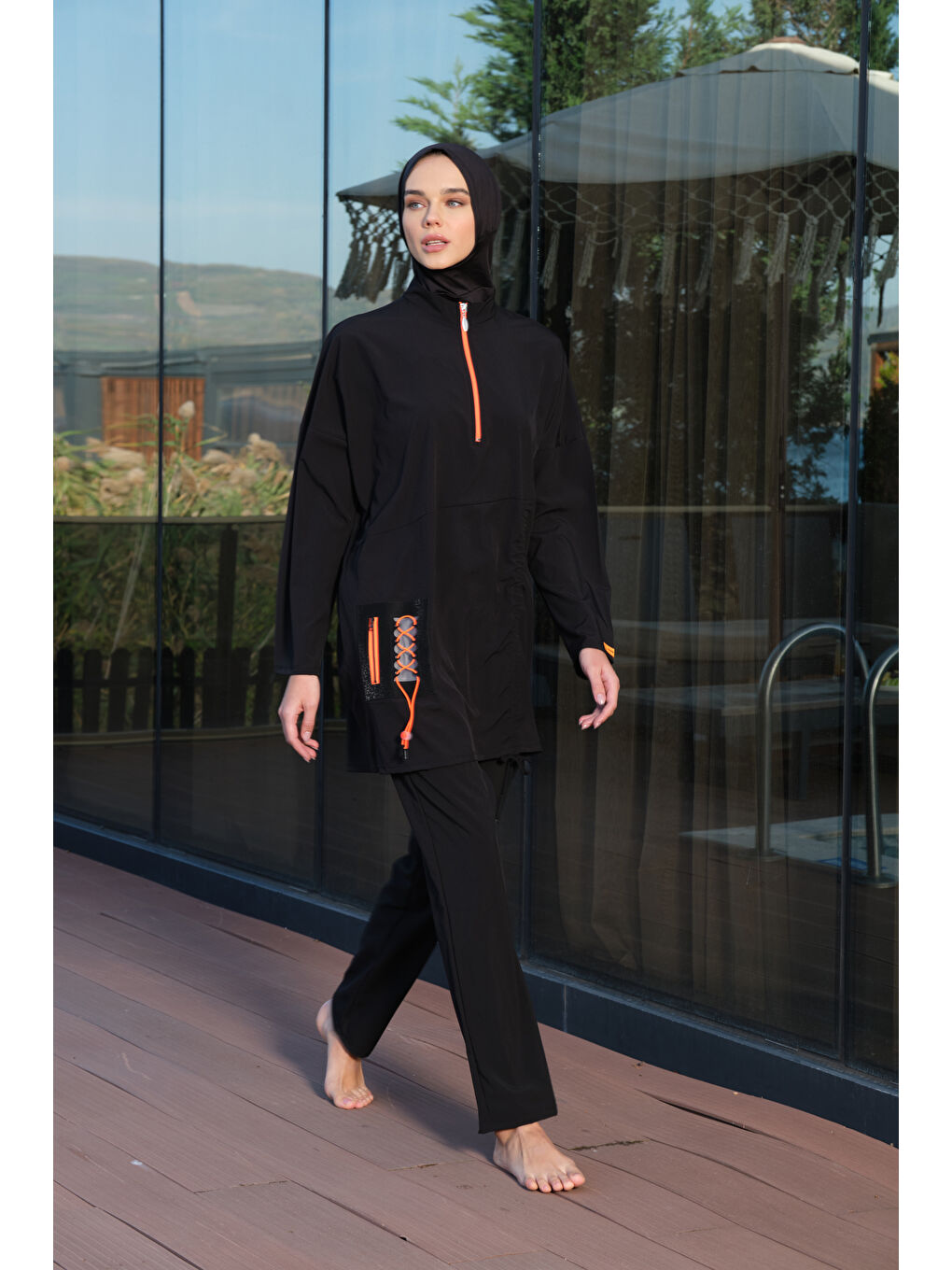 Siyah Kadın Fermuarlı Cepli Kapalı Dik Yaka Hızlı Kuruyan Tesettür Mayo-6