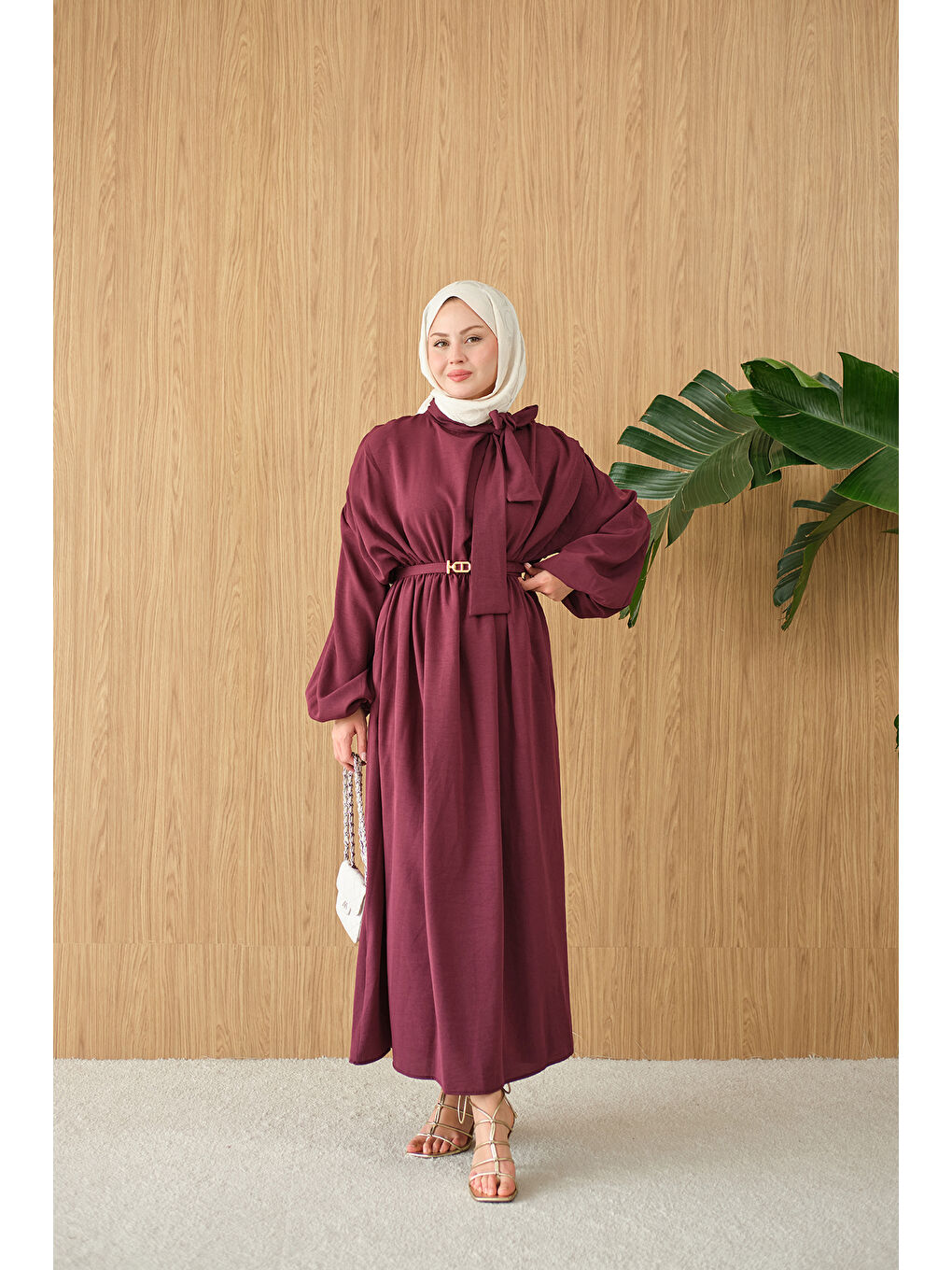 Kadın Boyun Bağlamalı Kemerli Elbise Mürdüm-4