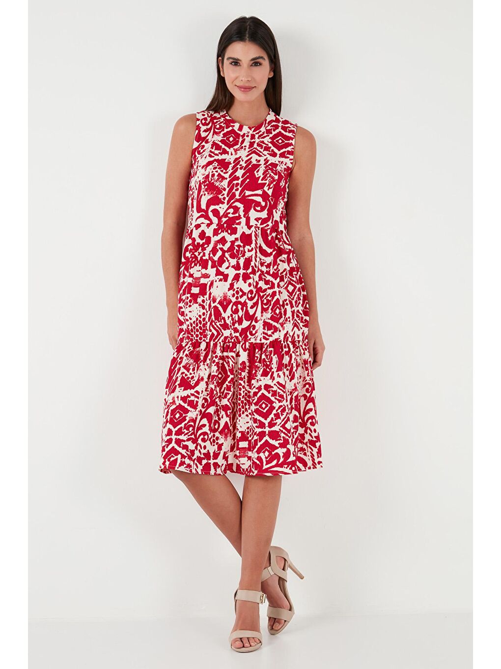 Bordo Desenli Regular Fit Kolsuz Elbise 5865731-3