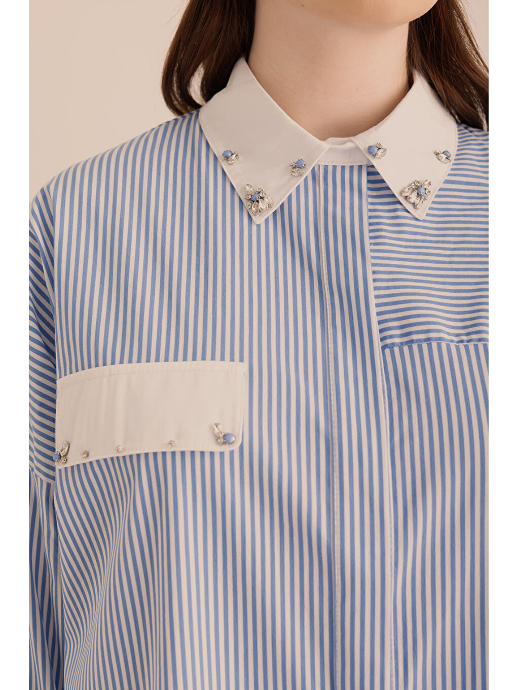 Mavi Çizgili Pamuk Taş İşlemeli Gömlek-2