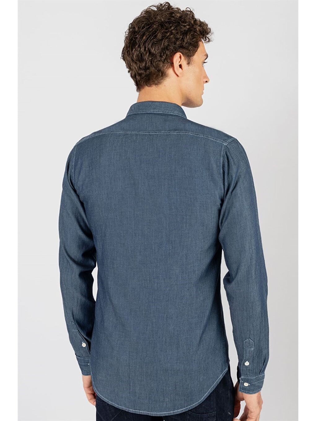 Slim Fit Uzun Kollu Dar Kesim Çift Cep Denim Jean Erkek Mavi Gömlek-3