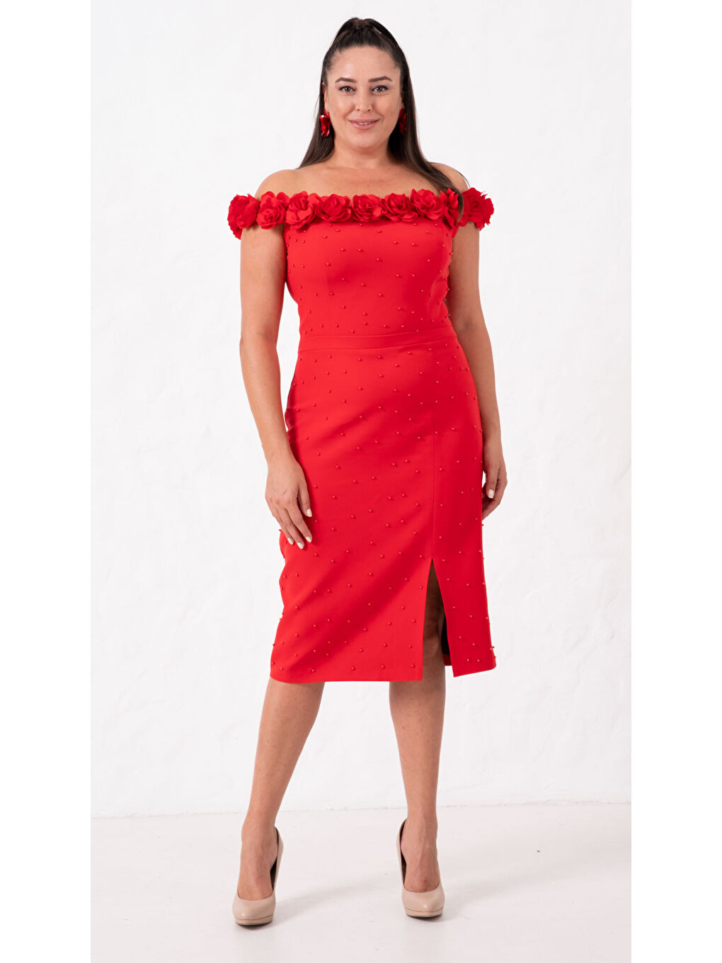 Kadın Kırmızı Yakası Çiçekli İncili Söz Nişan Nikah Abiye Elbise-1