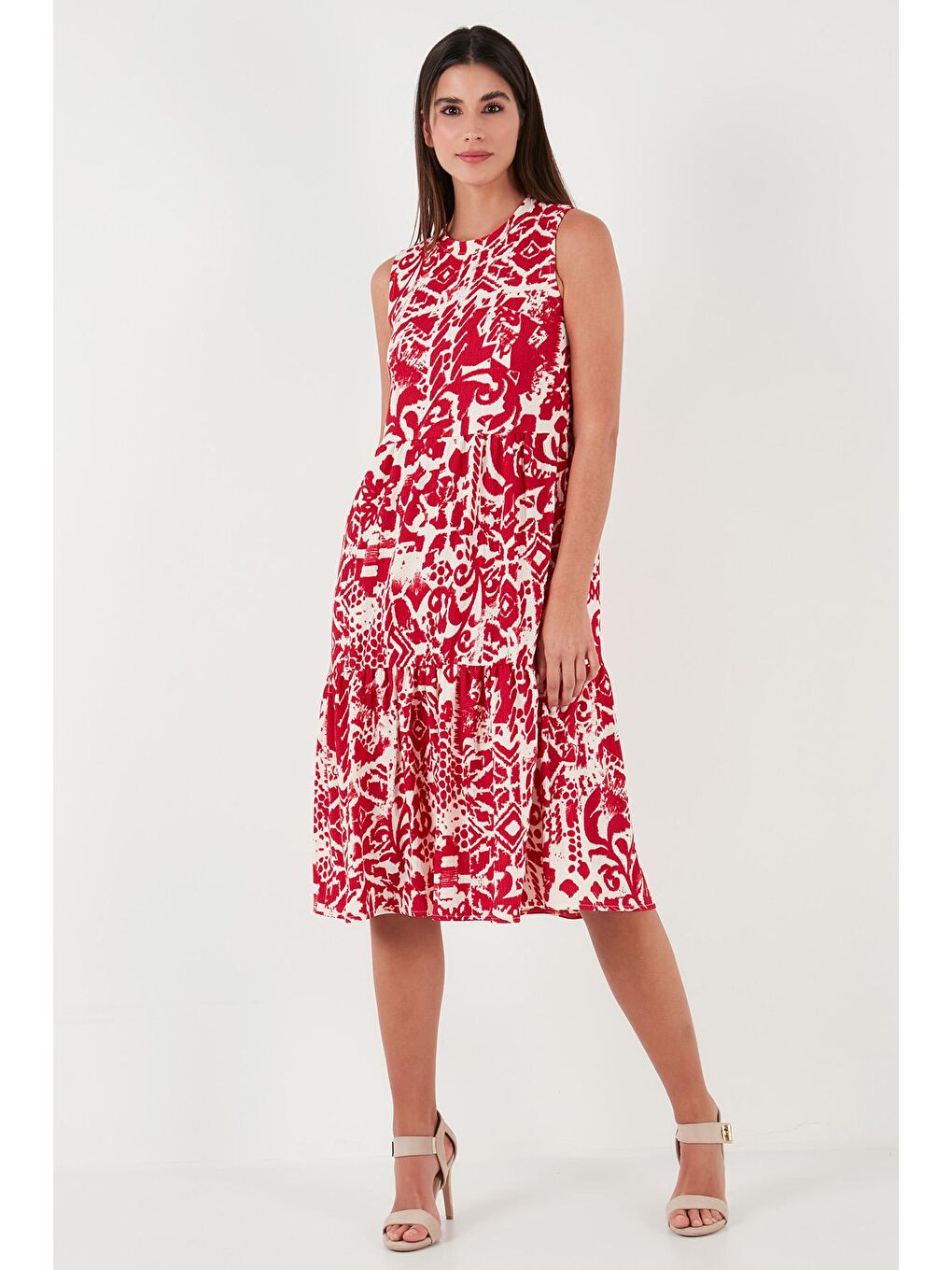 Bordo Desenli Regular Fit Kolsuz Elbise 5865731-4