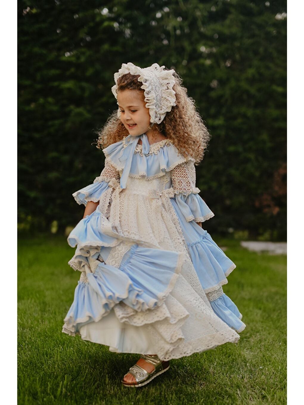 Mavi Doğum Günü Kız Çocuk Saç Aksesuarlı Vintage Elbise
