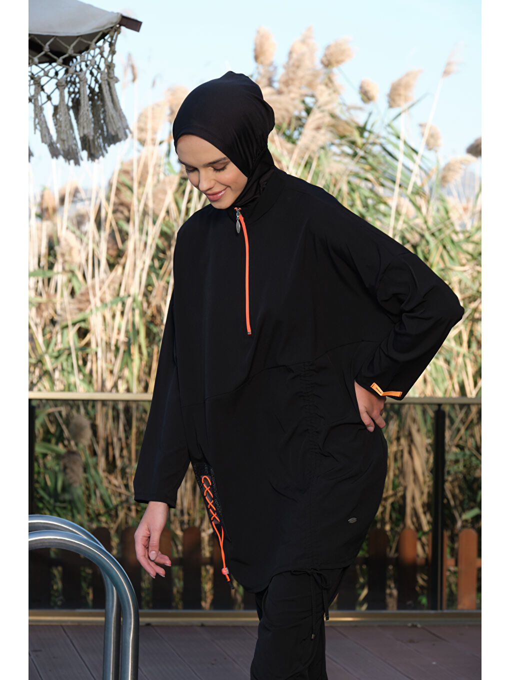 Siyah Kadın Fermuarlı Cepli Kapalı Dik Yaka Hızlı Kuruyan Tesettür Mayo-7