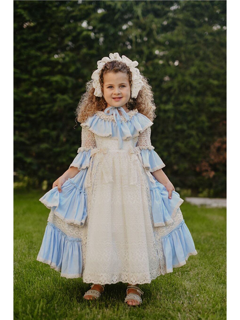 Mavi Doğum Günü Kız Çocuk Saç Aksesuarlı Vintage Elbise-1