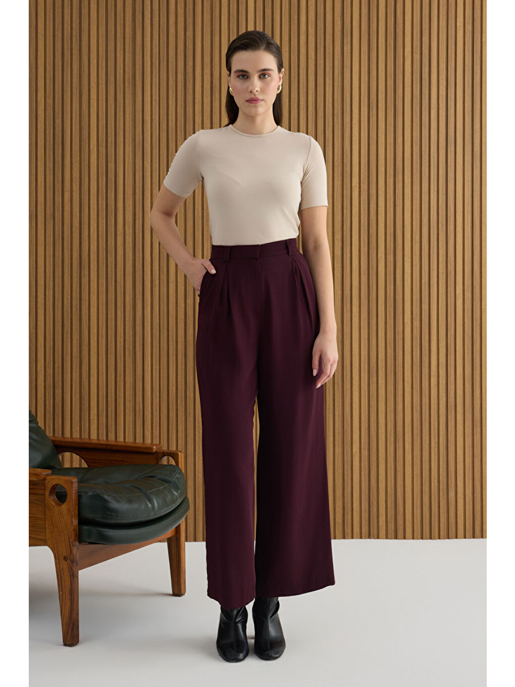 Bordo Rayon Viscon Pantolon-1