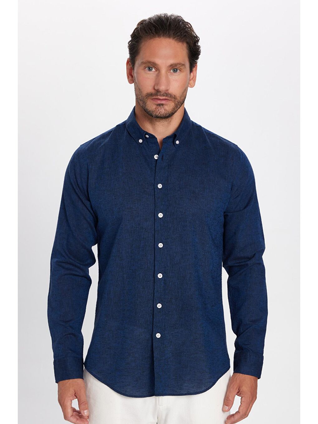 Erkek Slim Fit Dar Kesim Uzun Kollu Keten Premium Seri Düğmeli Yaka Spor İndigo Gömlek-2