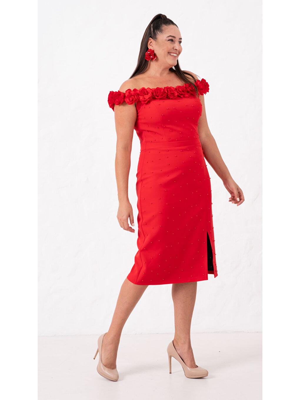 Kadın Kırmızı Yakası Çiçekli İncili Söz Nişan Nikah Abiye Elbise-2