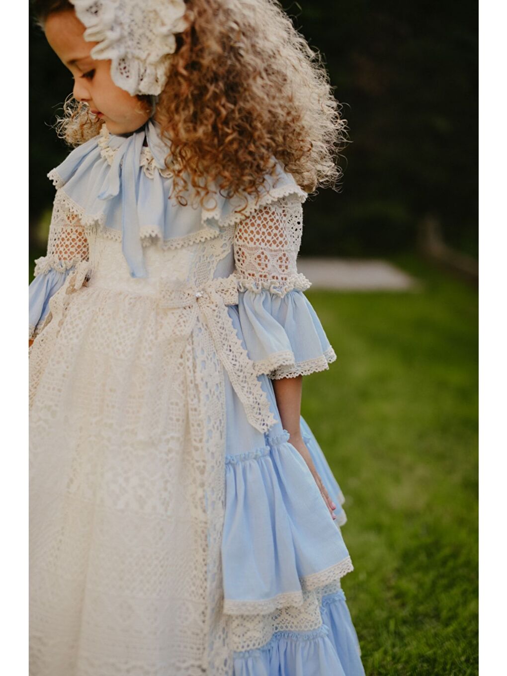Mavi Doğum Günü Kız Çocuk Saç Aksesuarlı Vintage Elbise-3