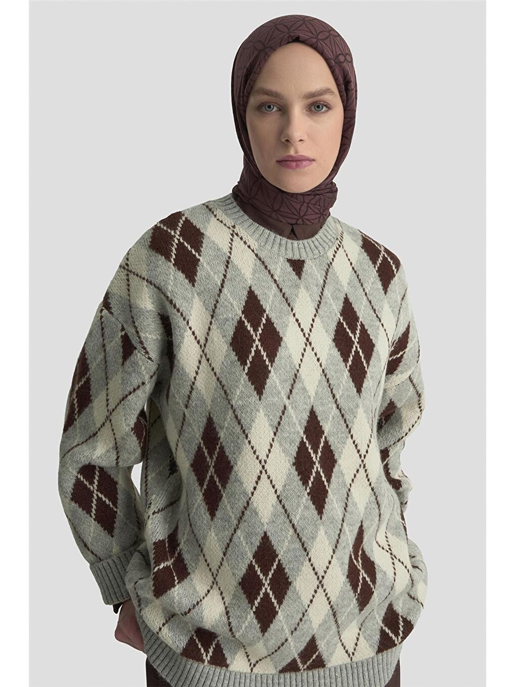 Baklava Desenli Kazak 25Kd6004 Gri-3