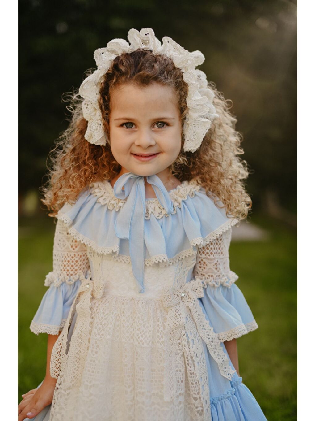 Mavi Doğum Günü Kız Çocuk Saç Aksesuarlı Vintage Elbise-4