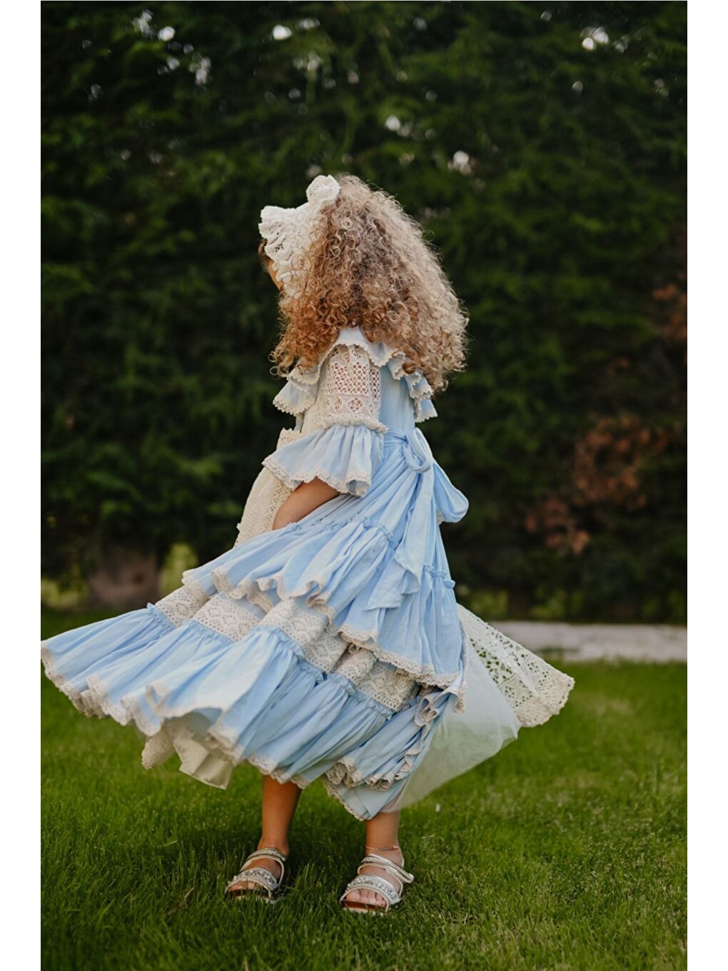 Mavi Doğum Günü Kız Çocuk Saç Aksesuarlı Vintage Elbise-5
