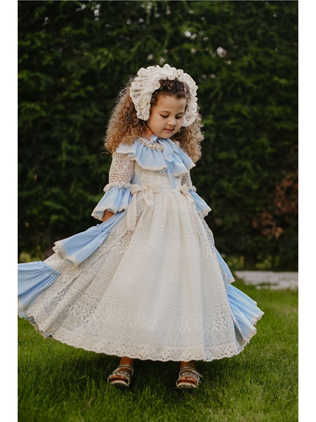 Mavi Doğum Günü Kız Çocuk Saç Aksesuarlı Vintage Elbise-6