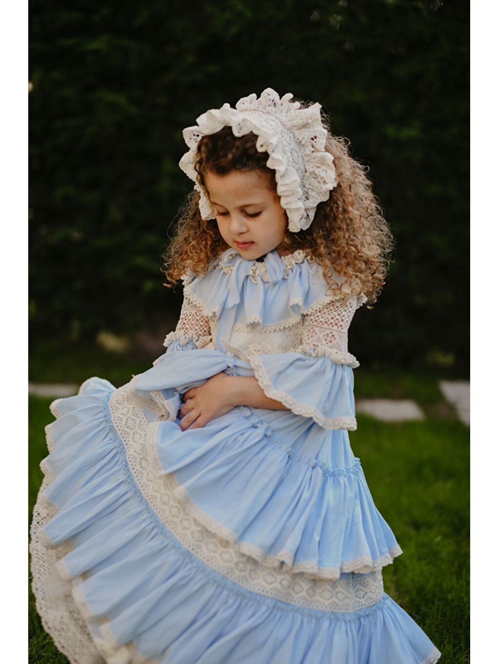Mavi Doğum Günü Kız Çocuk Saç Aksesuarlı Vintage Elbise-7