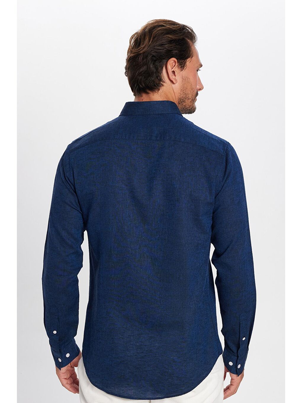 Erkek Slim Fit Dar Kesim Uzun Kollu Keten Premium Seri Düğmeli Yaka Spor İndigo Gömlek-4