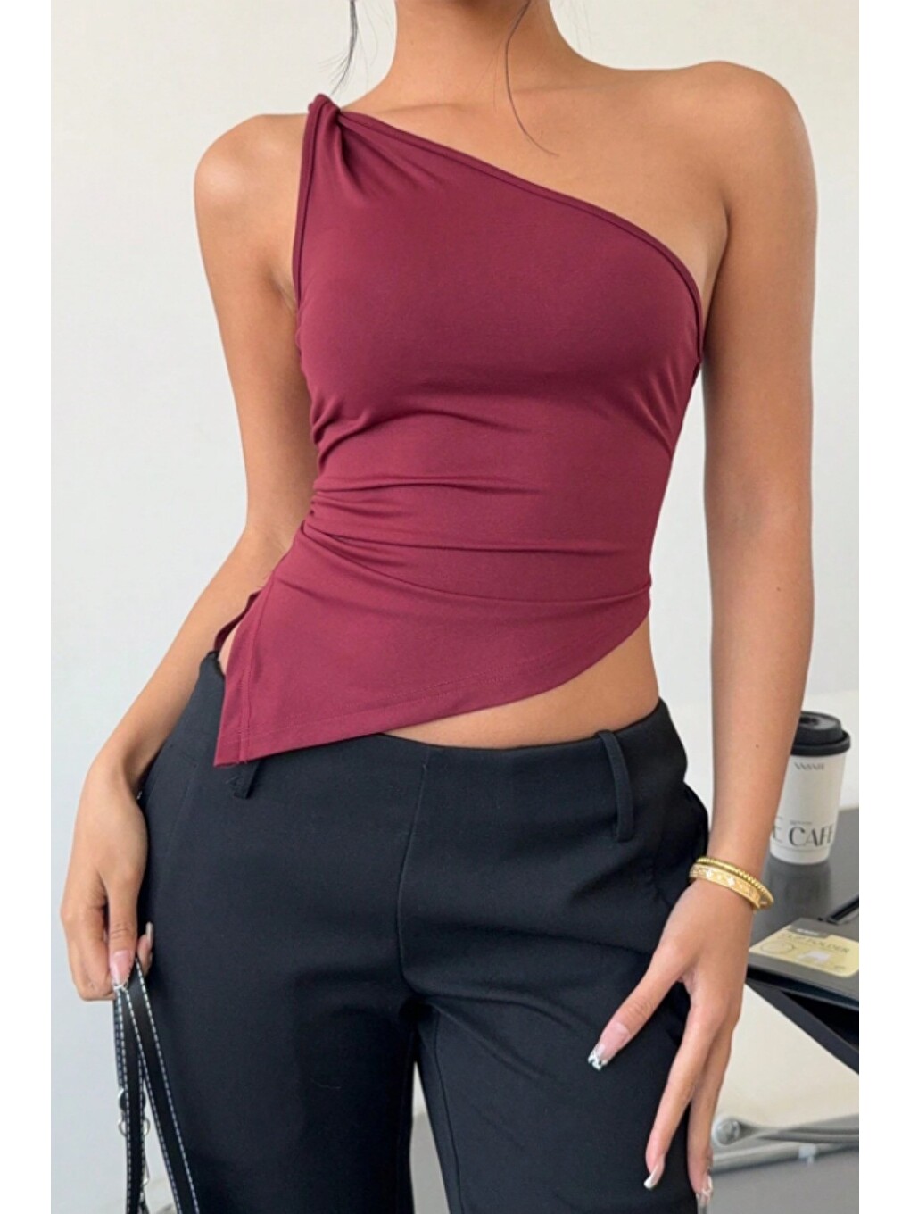 Bordo Kadın Tek Omuz Bluz Asimetrik Kesim Elastanlı Crop ve Modern Tasarım-2