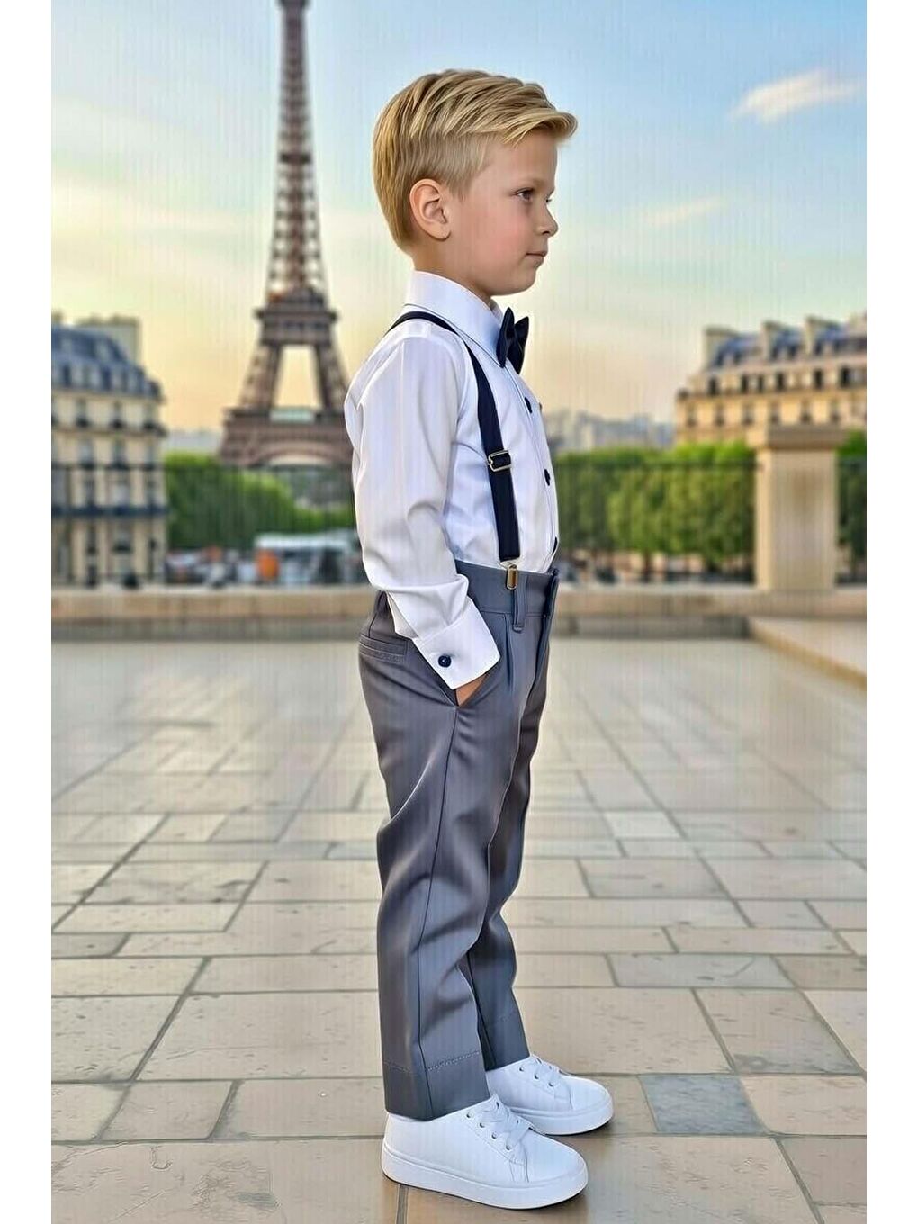 Erkek Çocuk Armalı Uzun Kol Gömlek Askılı Gri Pantolon Alt Üst Takım-1