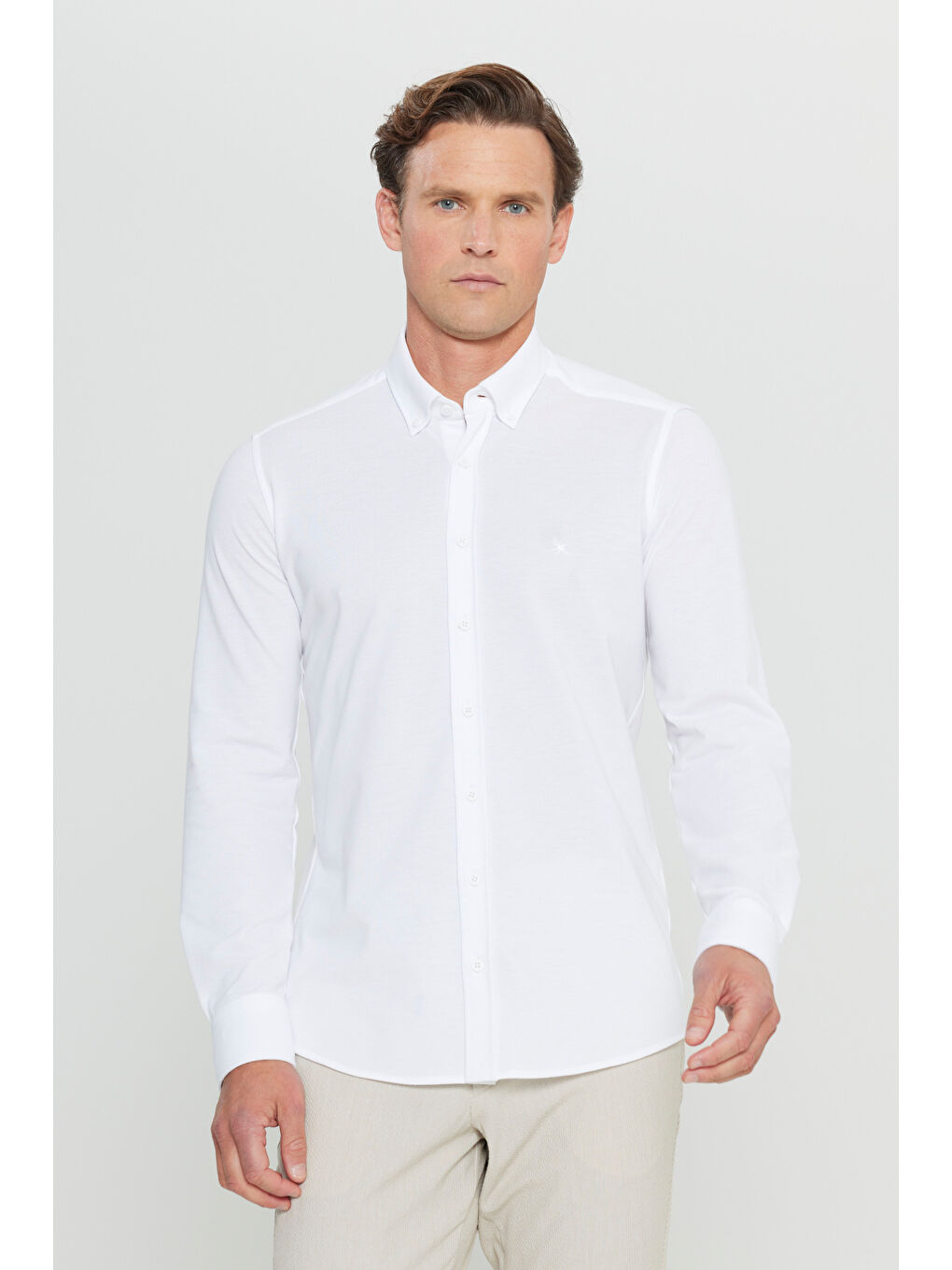 Erkek Beyaz 360 Her Yöne Esneyen Pamuklu Slim Fit Dar Kesim Düğmeli Yaka Örme Gömlek-2