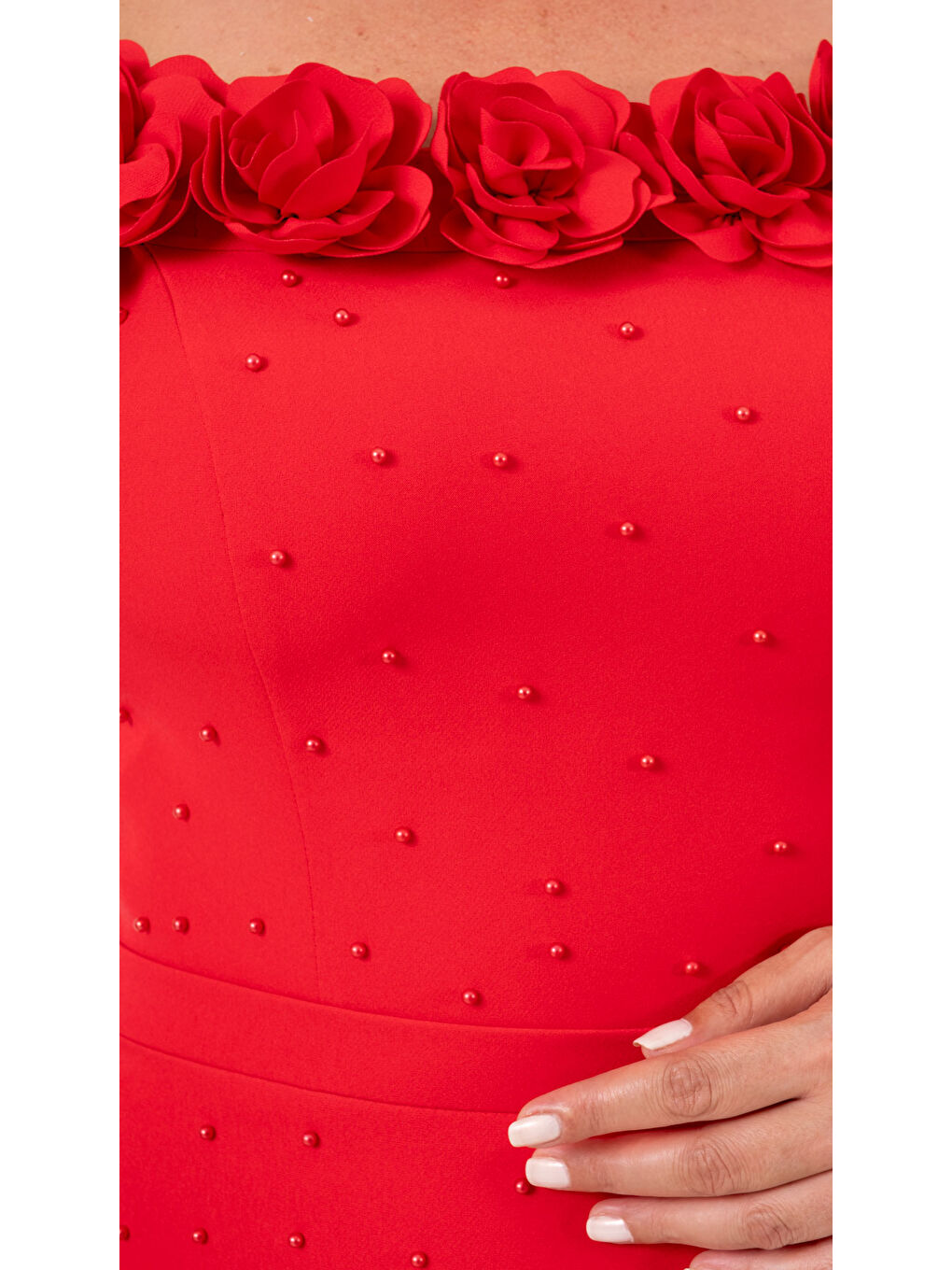 Kadın Kırmızı Yakası Çiçekli İncili Söz Nişan Nikah Abiye Elbise-3