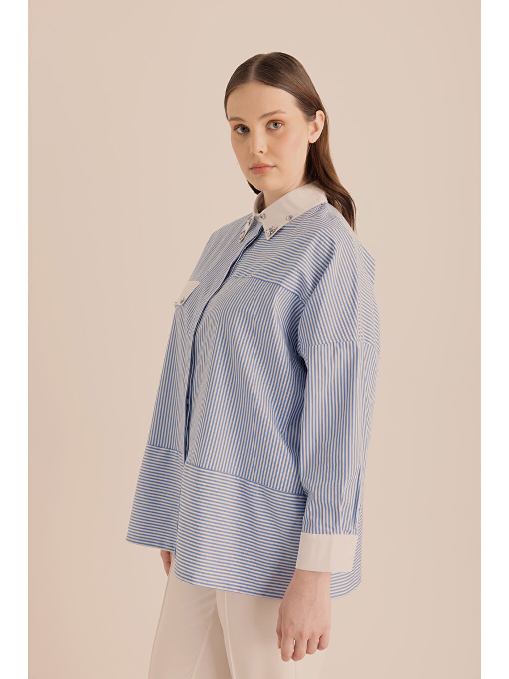 Mavi Çizgili Pamuk Taş İşlemeli Gömlek-4