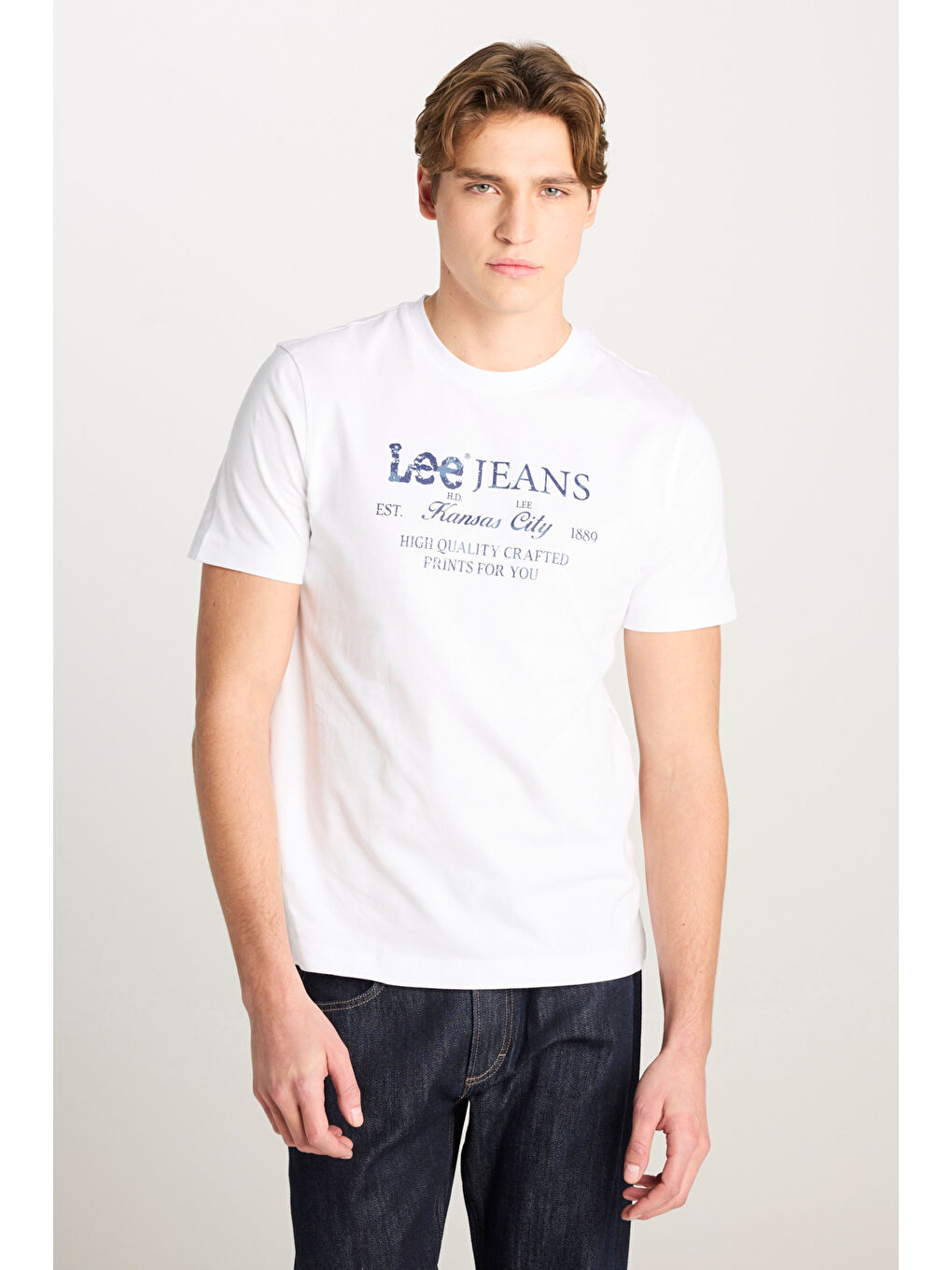 %100 Pamuk Regular Fit Normal Kesim Bisiklet Yaka Beyaz Baskılı Tişört-1