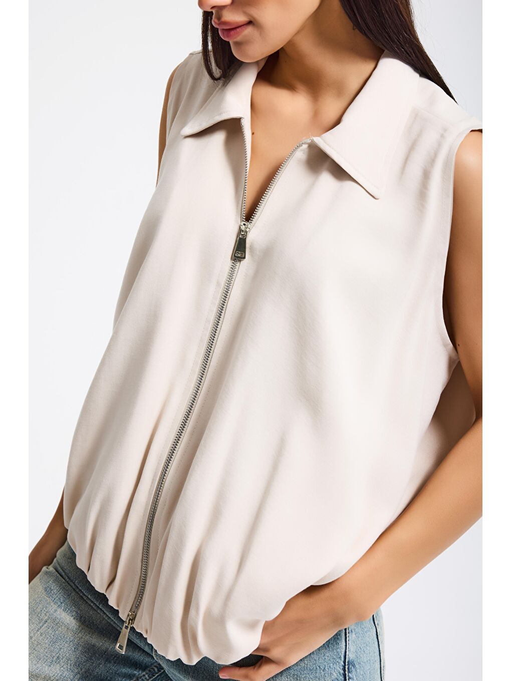 Kadın Bej Renk s6-105 Balon Kesim Fermuarlı Bol Kesim Kumaş Yelek