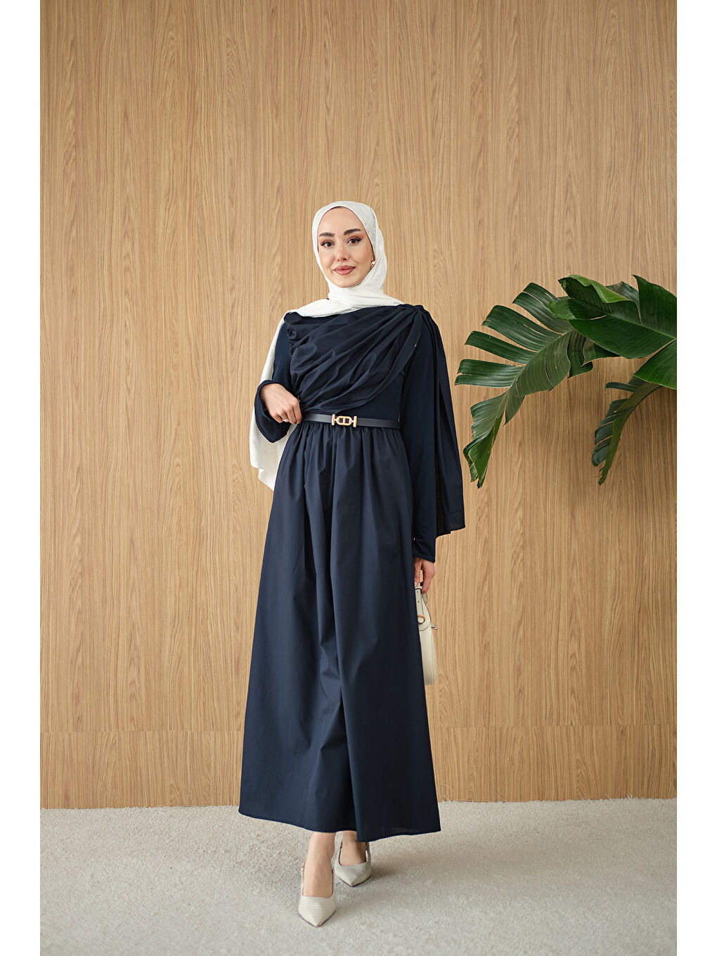 Kadın Şal Detaylı Kemerli Poplin Elbise Lacivert-1
