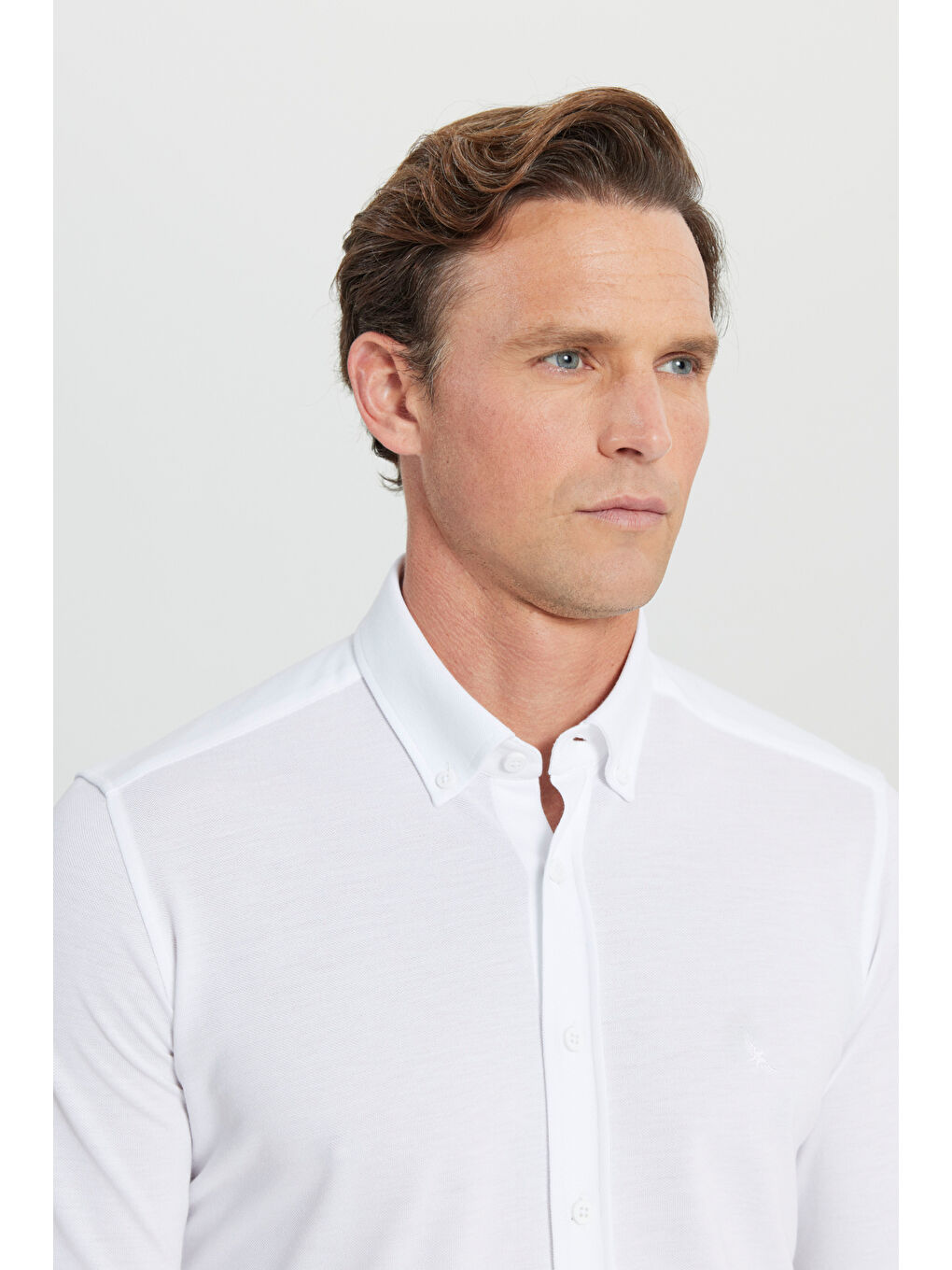 Erkek Beyaz 360 Her Yöne Esneyen Pamuklu Slim Fit Dar Kesim Düğmeli Yaka Örme Gömlek-3