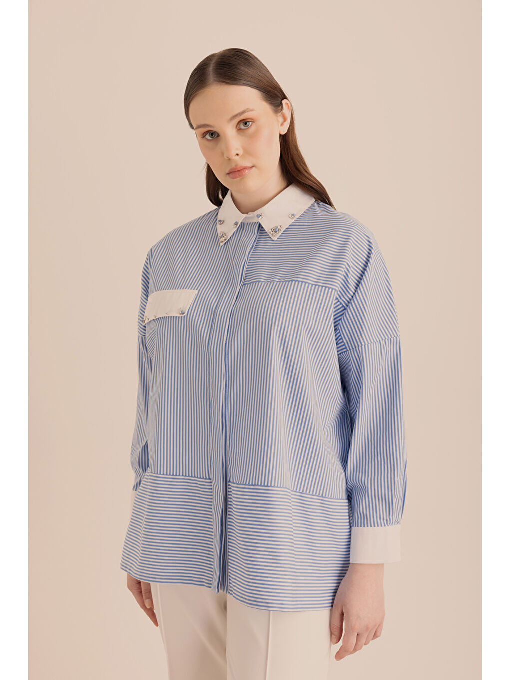 Mavi Çizgili Pamuk Taş İşlemeli Gömlek-5