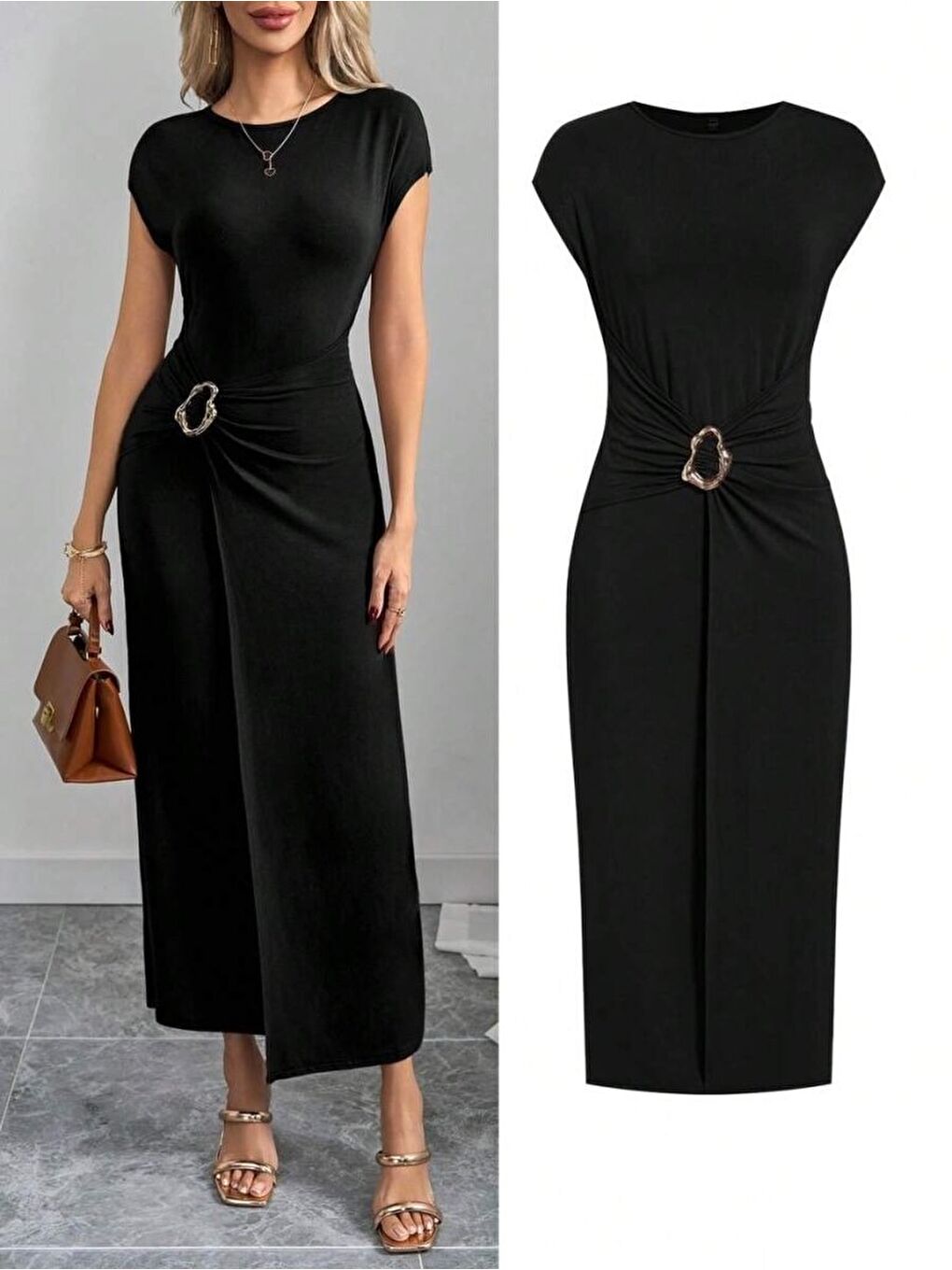 Siyah Kadın Yarım Ay Kollu Yuvarlak Yaka önünde Toka Detaylı Modal Maxi Elbise-4