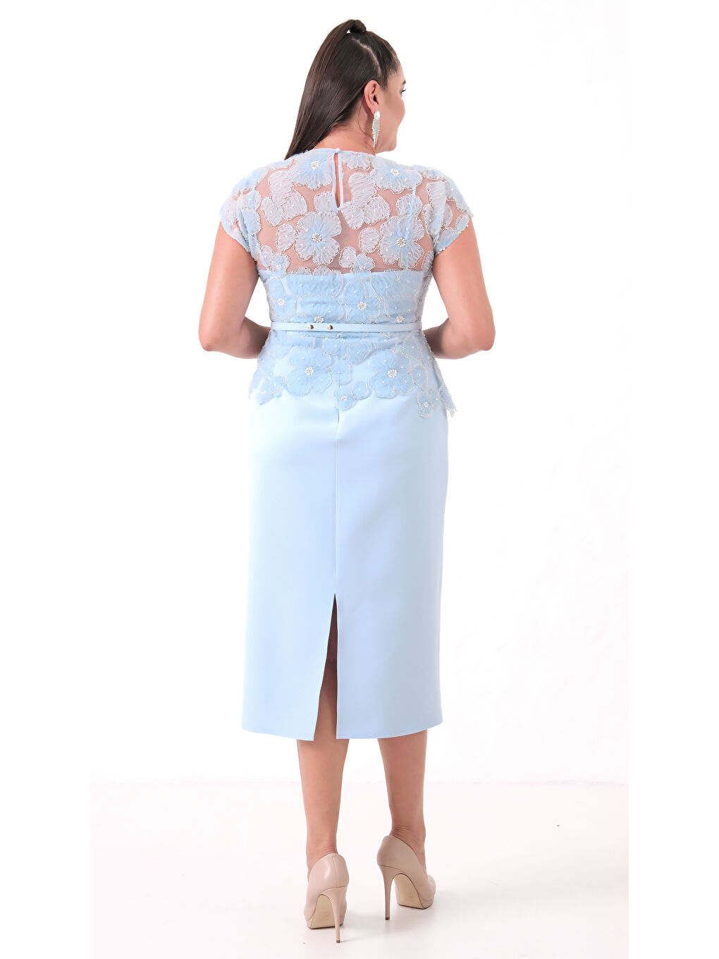 Kadın Bebe Mavi Dantelli Midi Abiye Elbise-4
