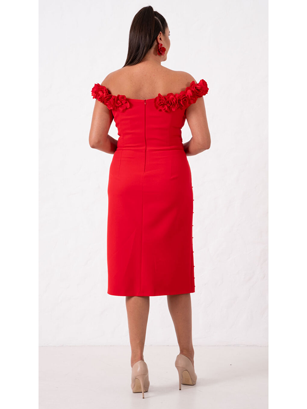Kadın Kırmızı Yakası Çiçekli İncili Söz Nişan Nikah Abiye Elbise-4