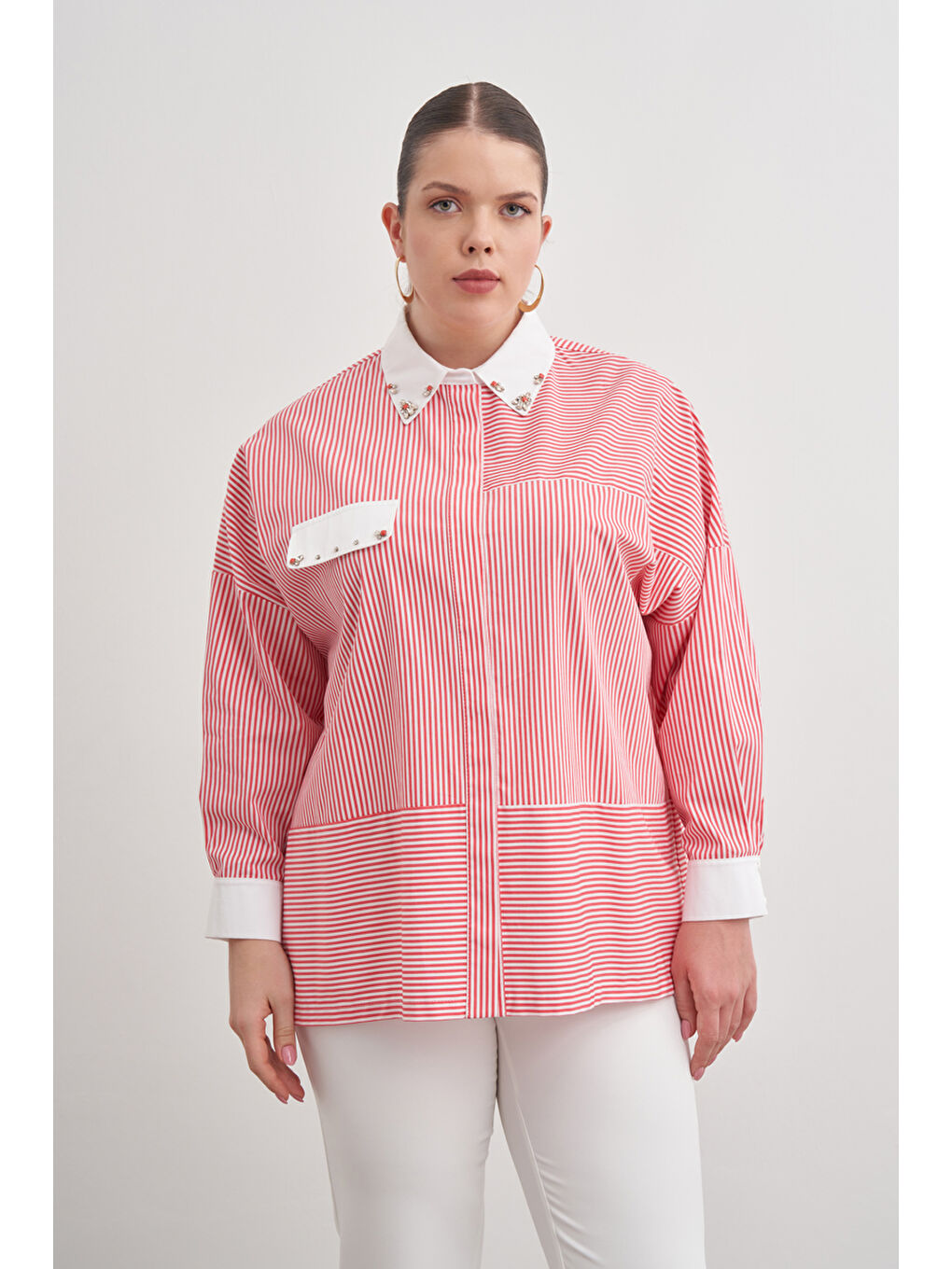 Kırmızı Çizgili Pamuk Taş İşlemeli Gömlek-4