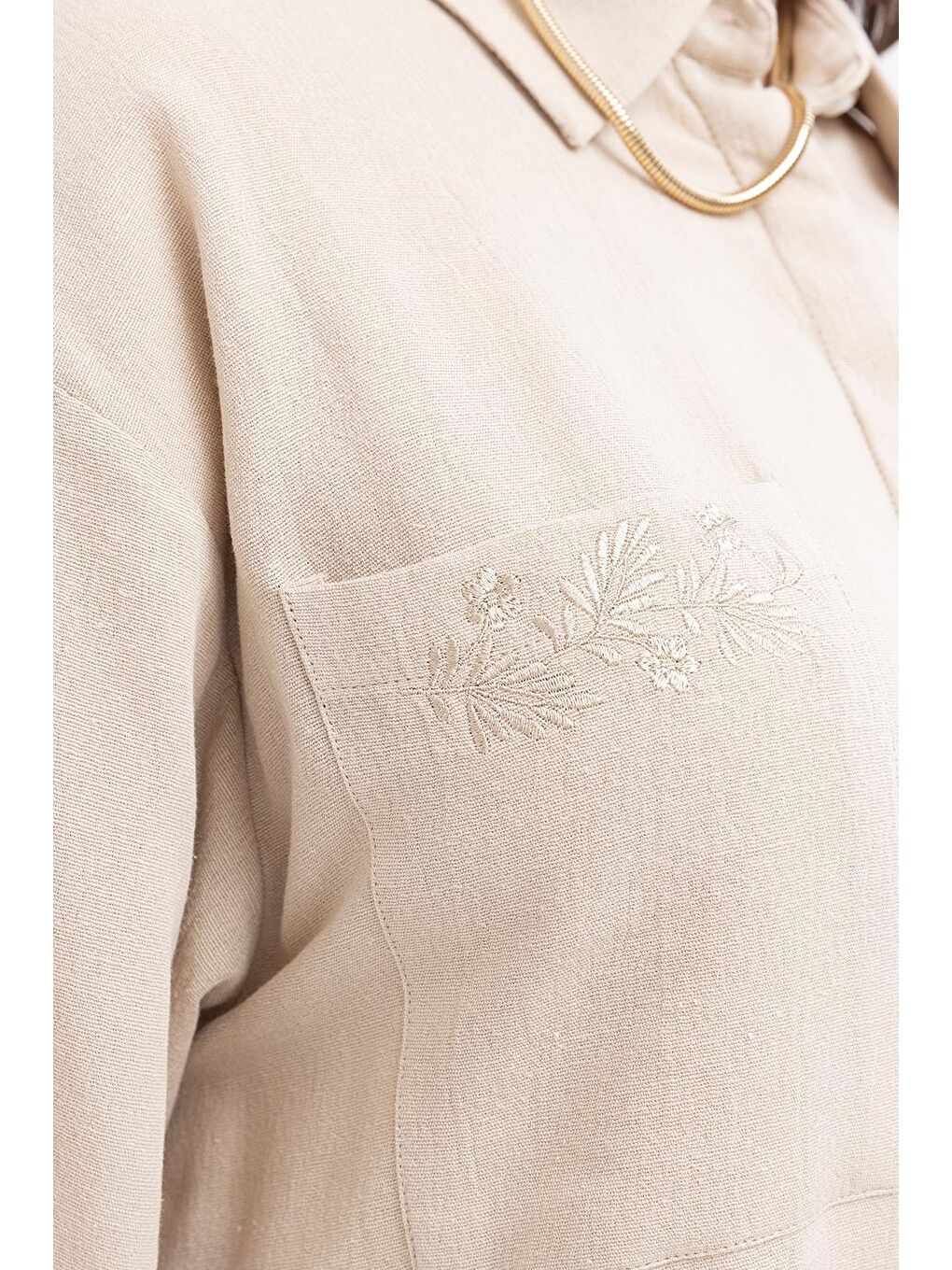 Bej-Cepli Nakış Detaylı Büyük Beden Keten Gömlek-5