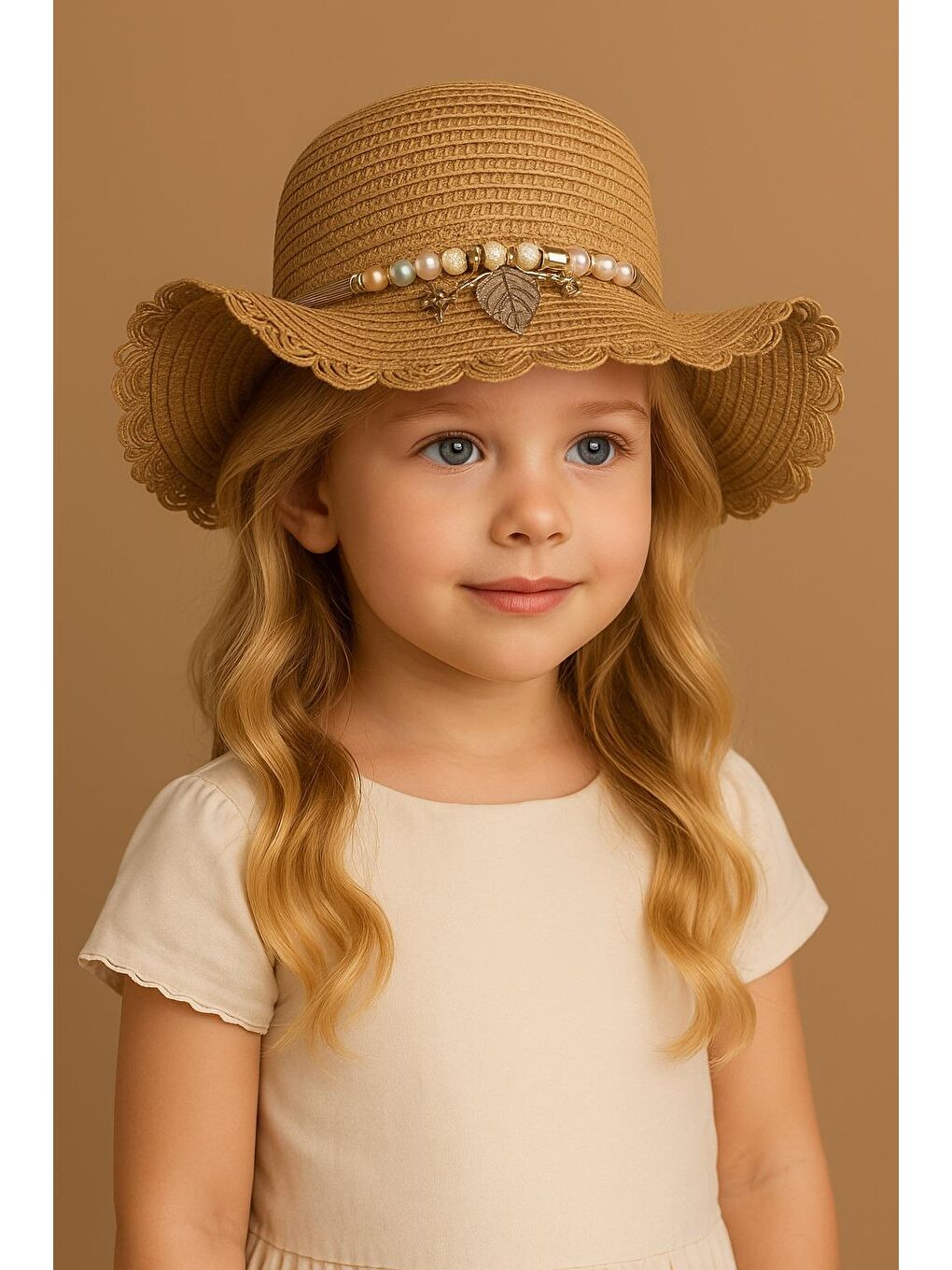 Kız Çocuk Boncuk Aksesuarlı Hasır Şapka Bej