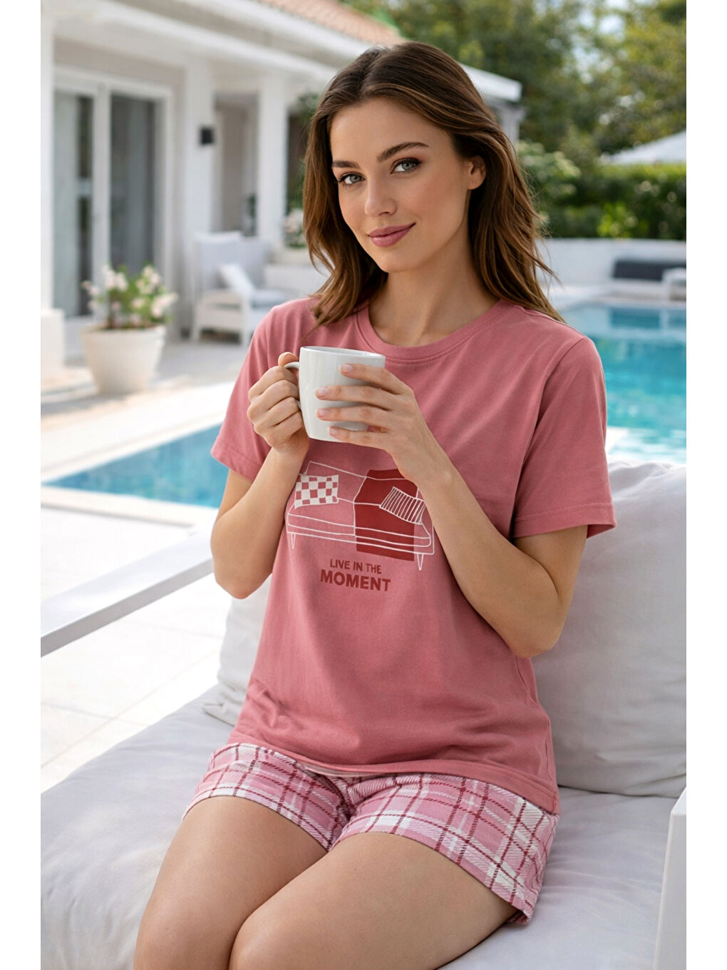 Pembe Kadın Kısa Kol Suprem Kumaş Şortlu Pijama Takımı 90782-3322 Pudra-1